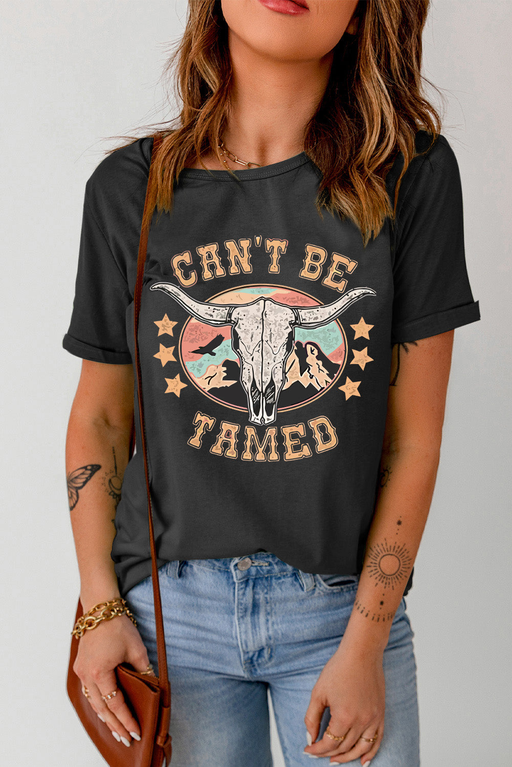 Black Western CAN'T BE TAMED Longhorn Graphic T Shirt