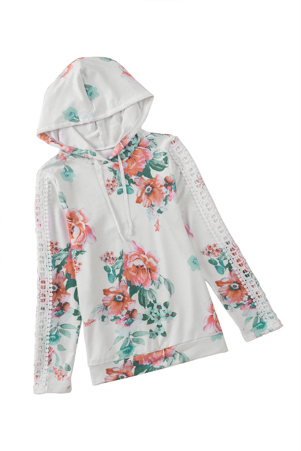 Floral Print Lace Contrast Long Sleeve Hoodie | Apricot