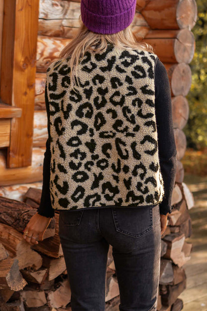 Leopard Print Sherpa Vest Coat | Black