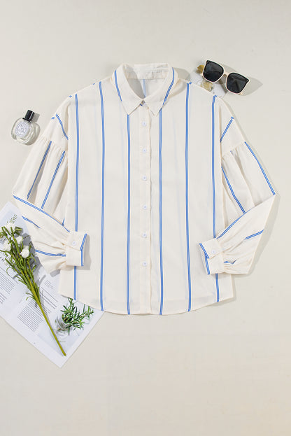 Drop Shoulder Bubble Sleeve Loose Shirt | Sky Blue Stripe