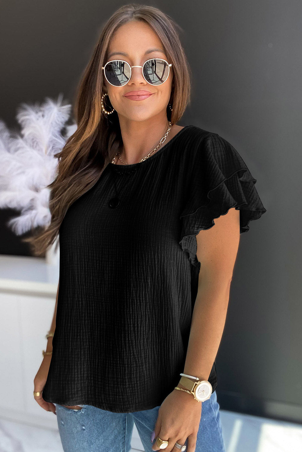 Textured Tiered Ruffled Short Sleeve Blouse | Black