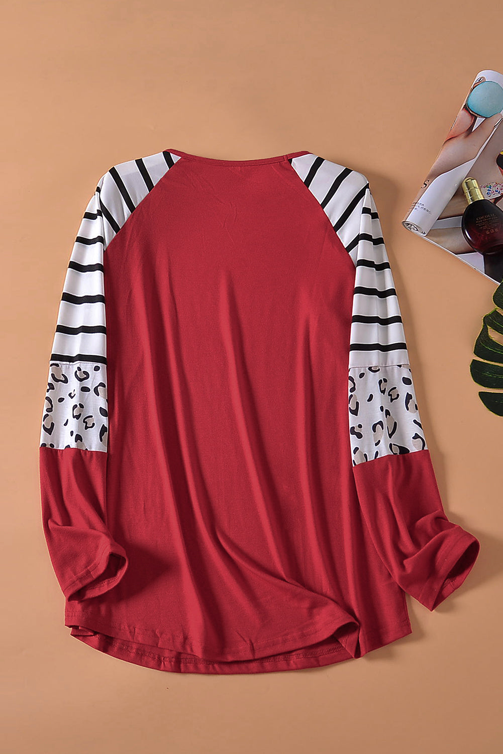 Striped Animal Print Colourblock Long Sleeve Top | Red