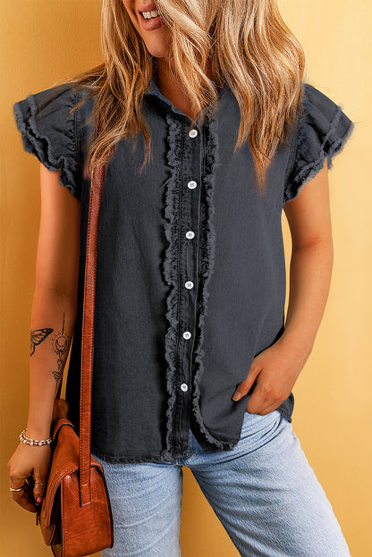 Button Front Ruffled Flutter Frayed Denim Top | Black