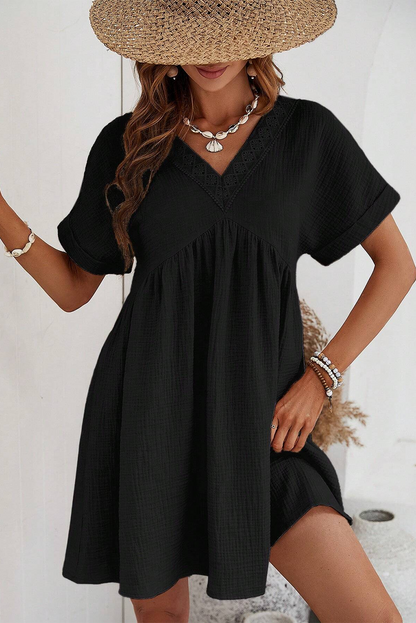 Folded Short Sleeve Lace V Neck Mini Dress | Black