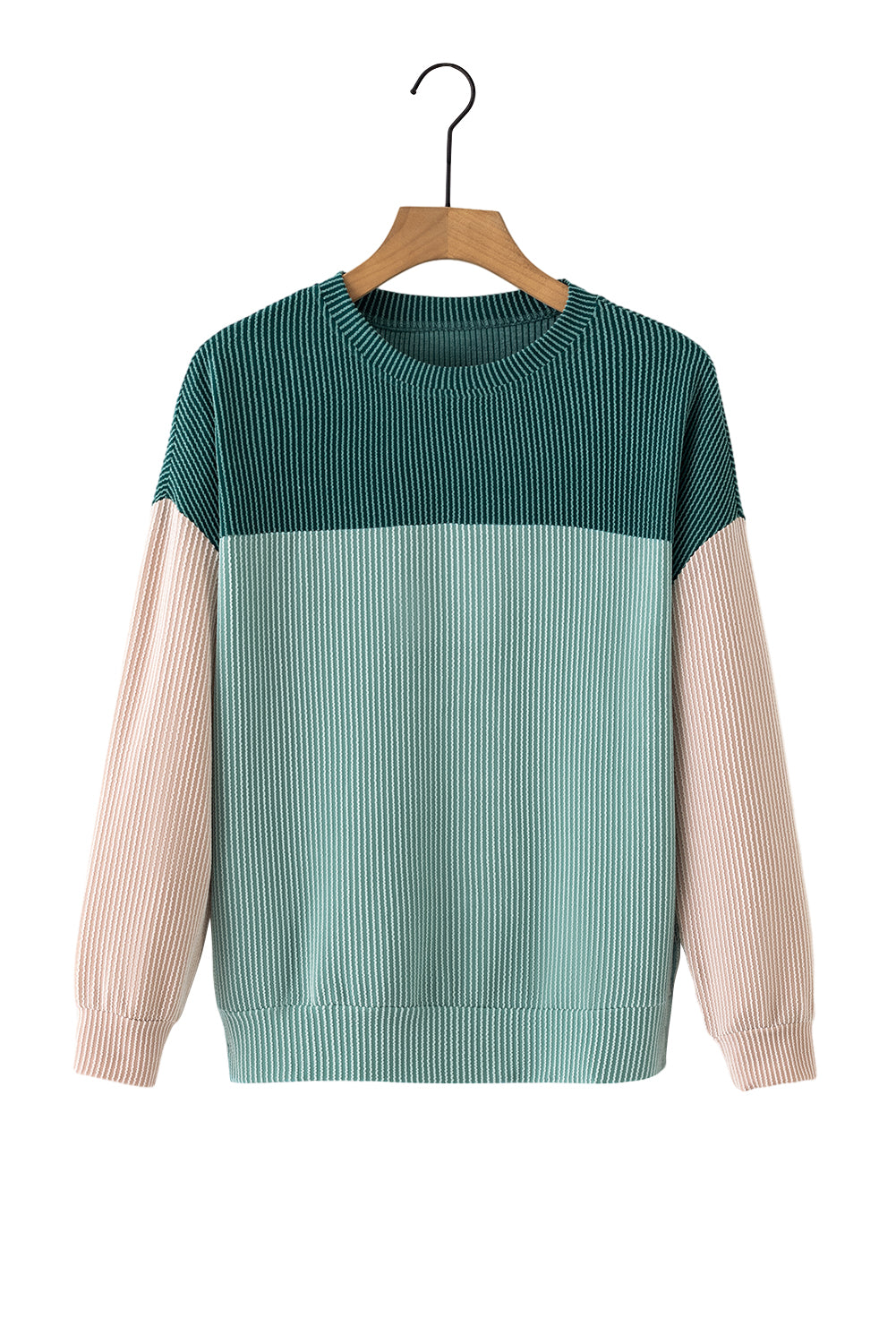 Colour Block Long Sleeve Ribbed Loose Top | Green