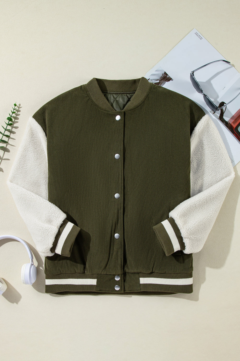 Corduroy Fleece Patchwork Buttoned Bomber Jacket | Mist Green