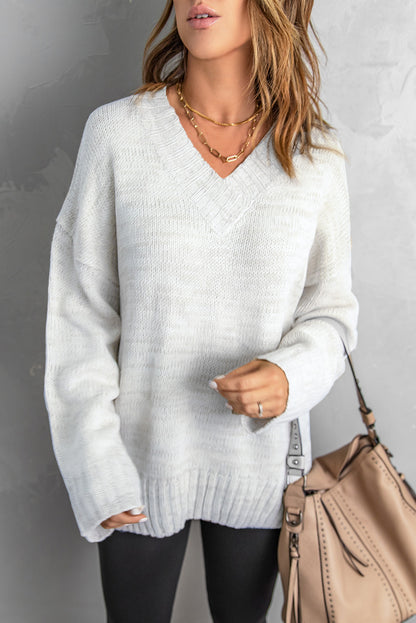 V Neck Drop Shoulder Knitted Sweater | White