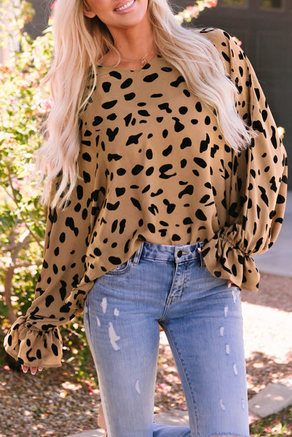 V Neck Ruffled Cuffs Loose Blouse | Leopard