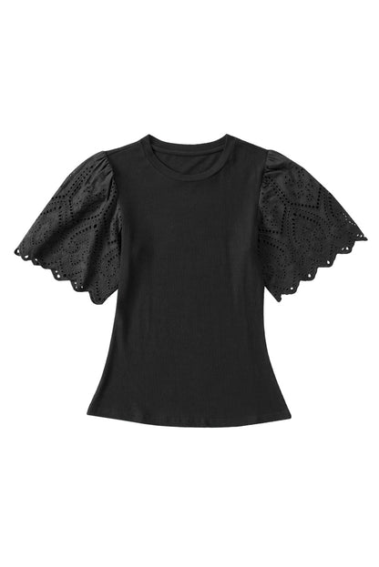 Scalloped Eyelet Sleeve Ribbed Knit Top | Black