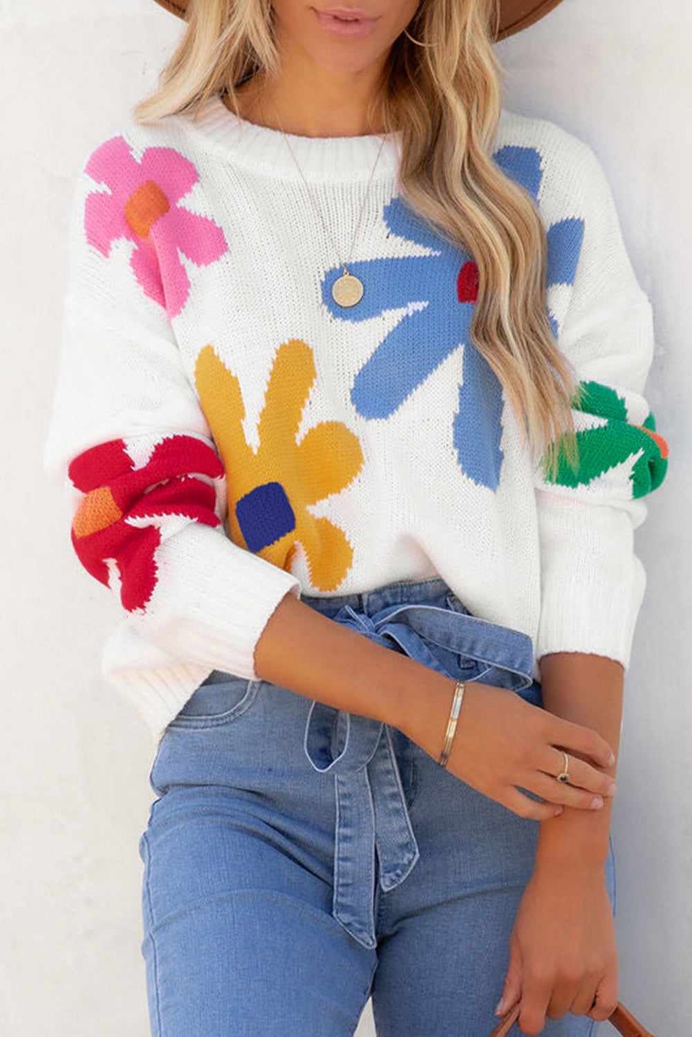 Colourful Big Flower Pattern Crewneck Sweater | White