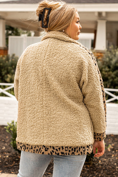 Plus Size Leopard Trim Button Up Sherpa Jacket | Khaki