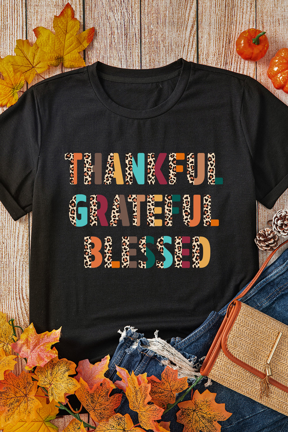 Thankful Grateful Blessed Leopard Print Crewneck T Shirt | Black