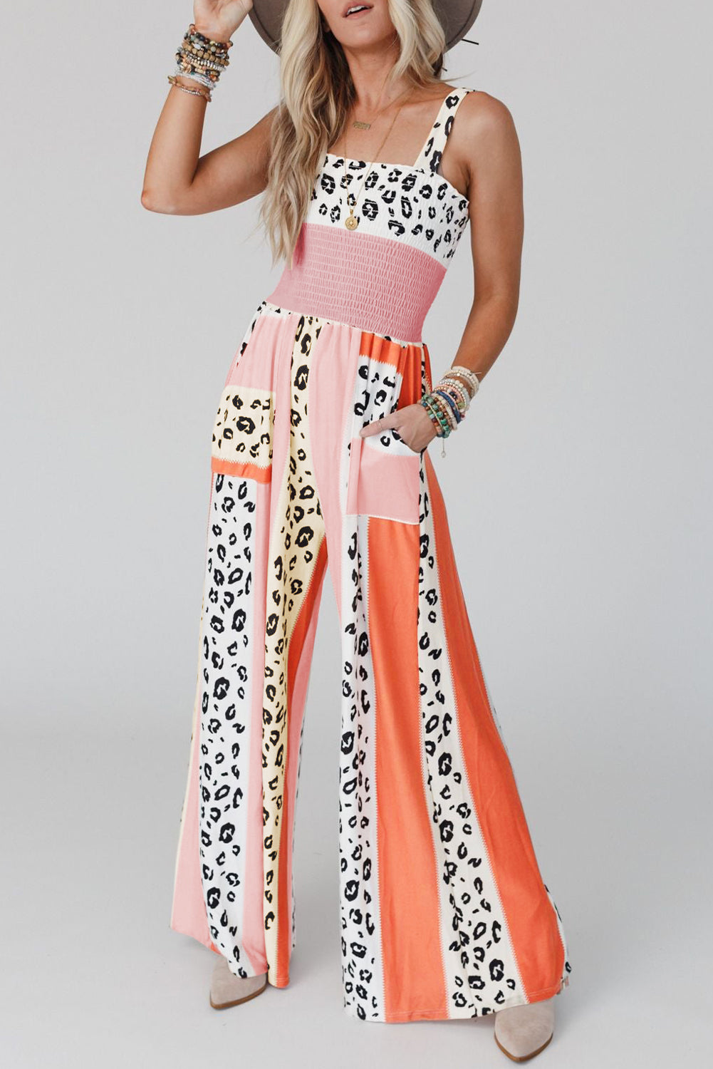 Pink Leopard Color Block Mix Print Pocketed Jumpsuit