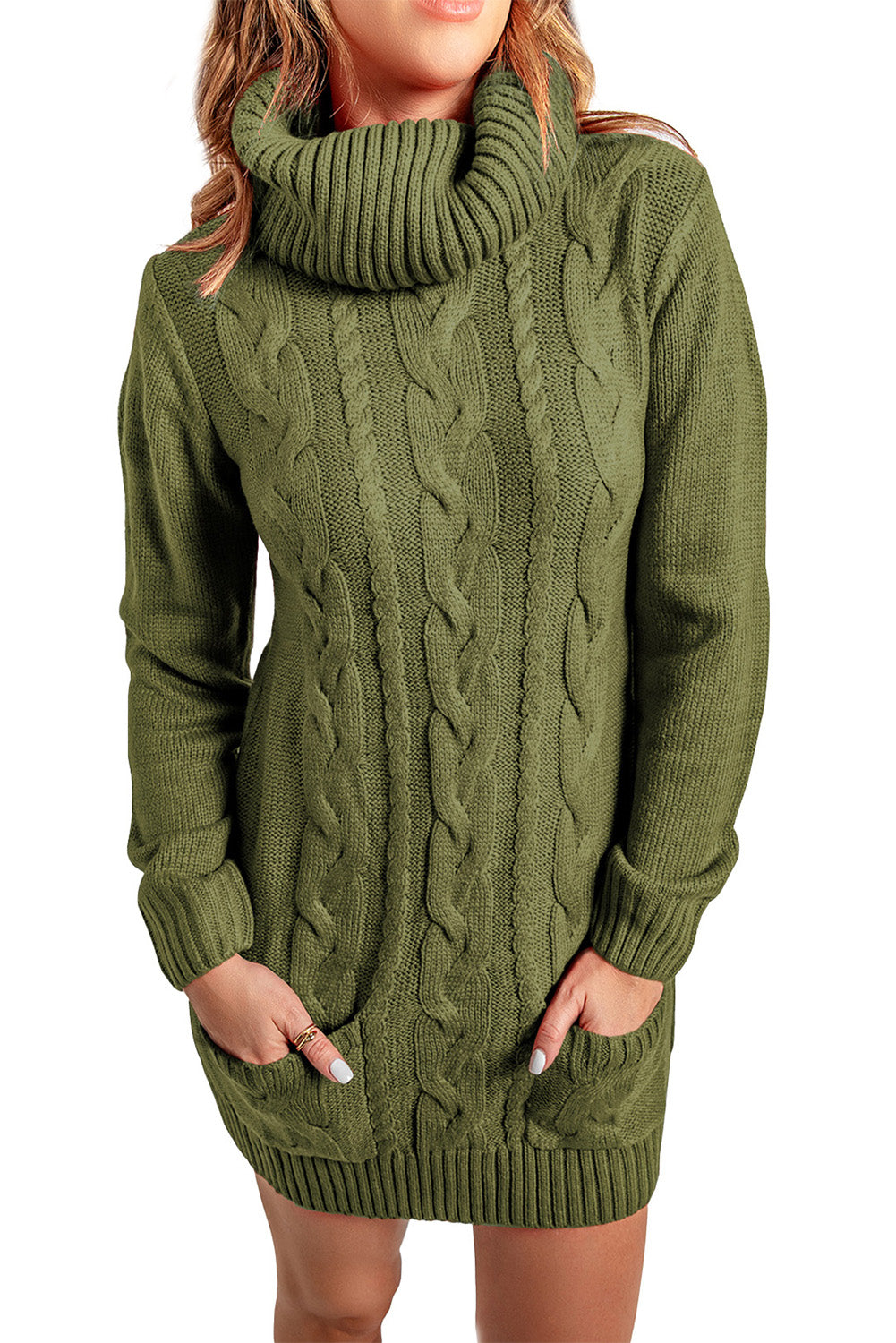 Olive Cowl Neck Cable Knit Sweater Dress | Green