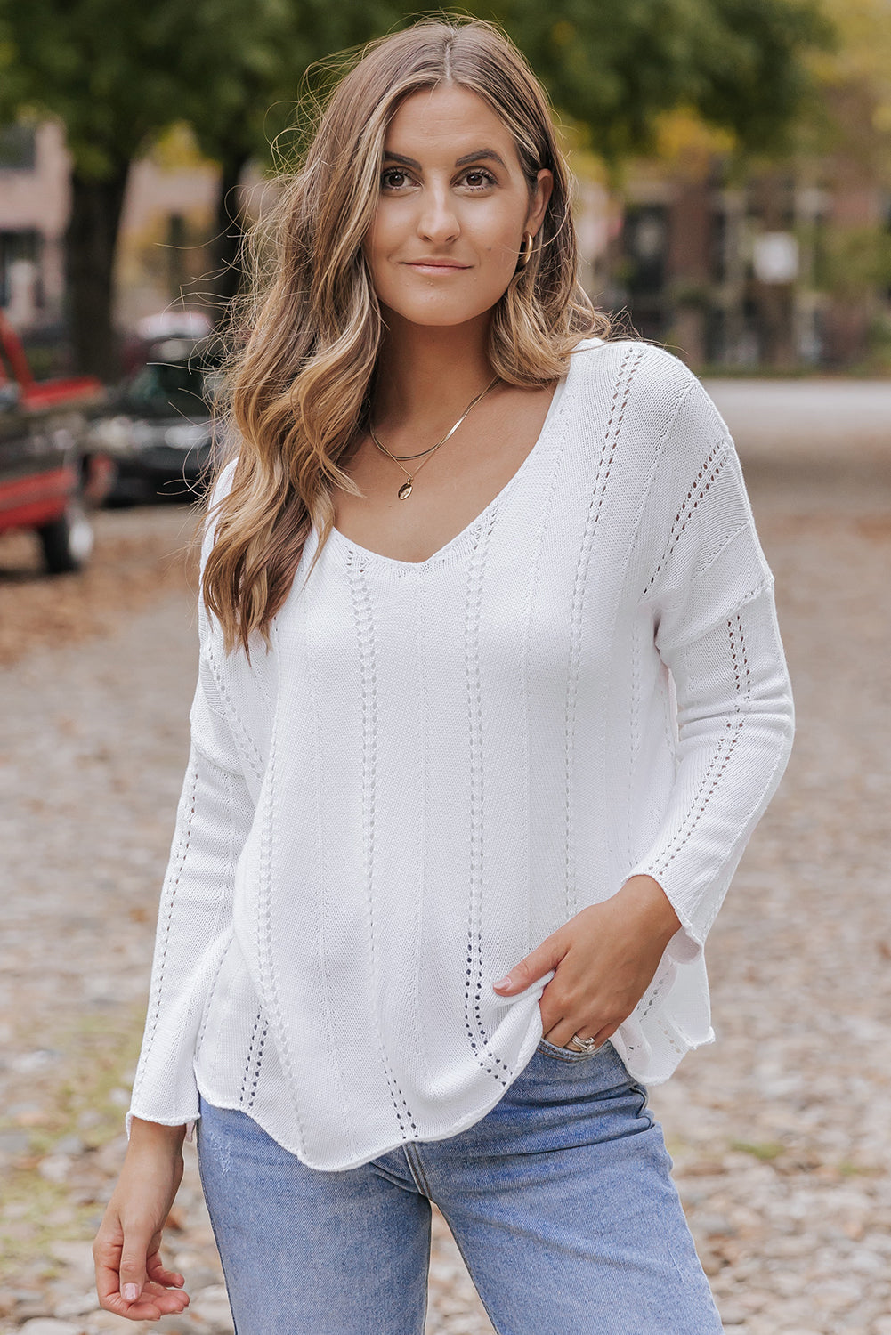 Hollowed Detail Knitted Loose V Neck Sweater | White