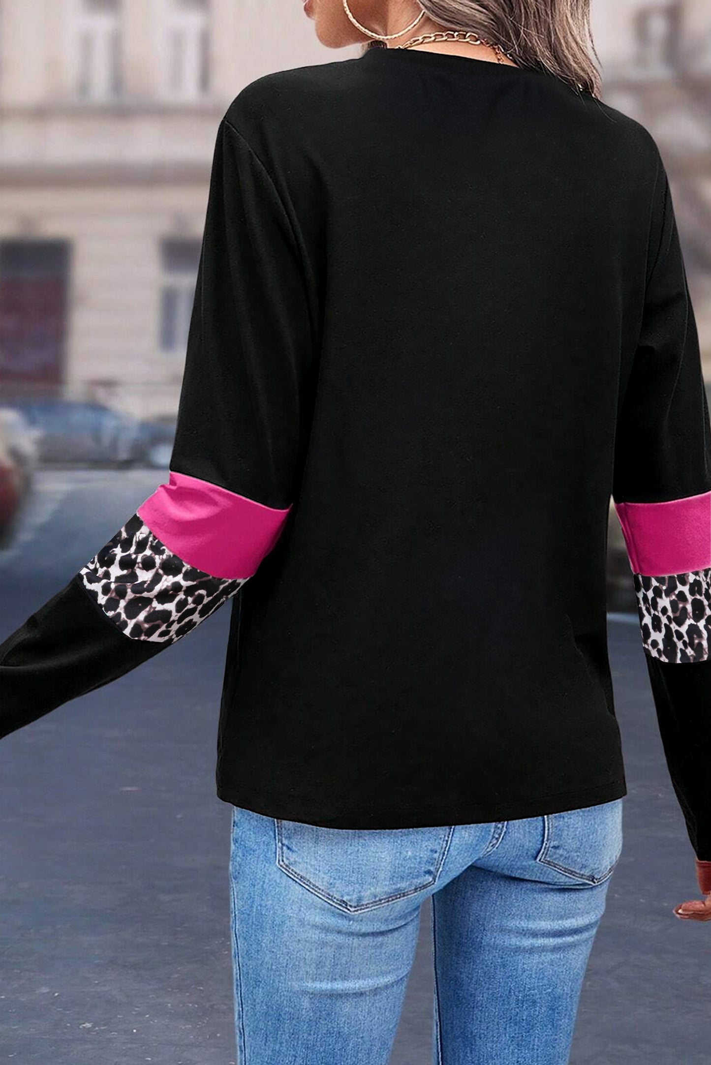 Leopard Colourblock Patchwork Crew Neck Long Sleeve Tee | Rose