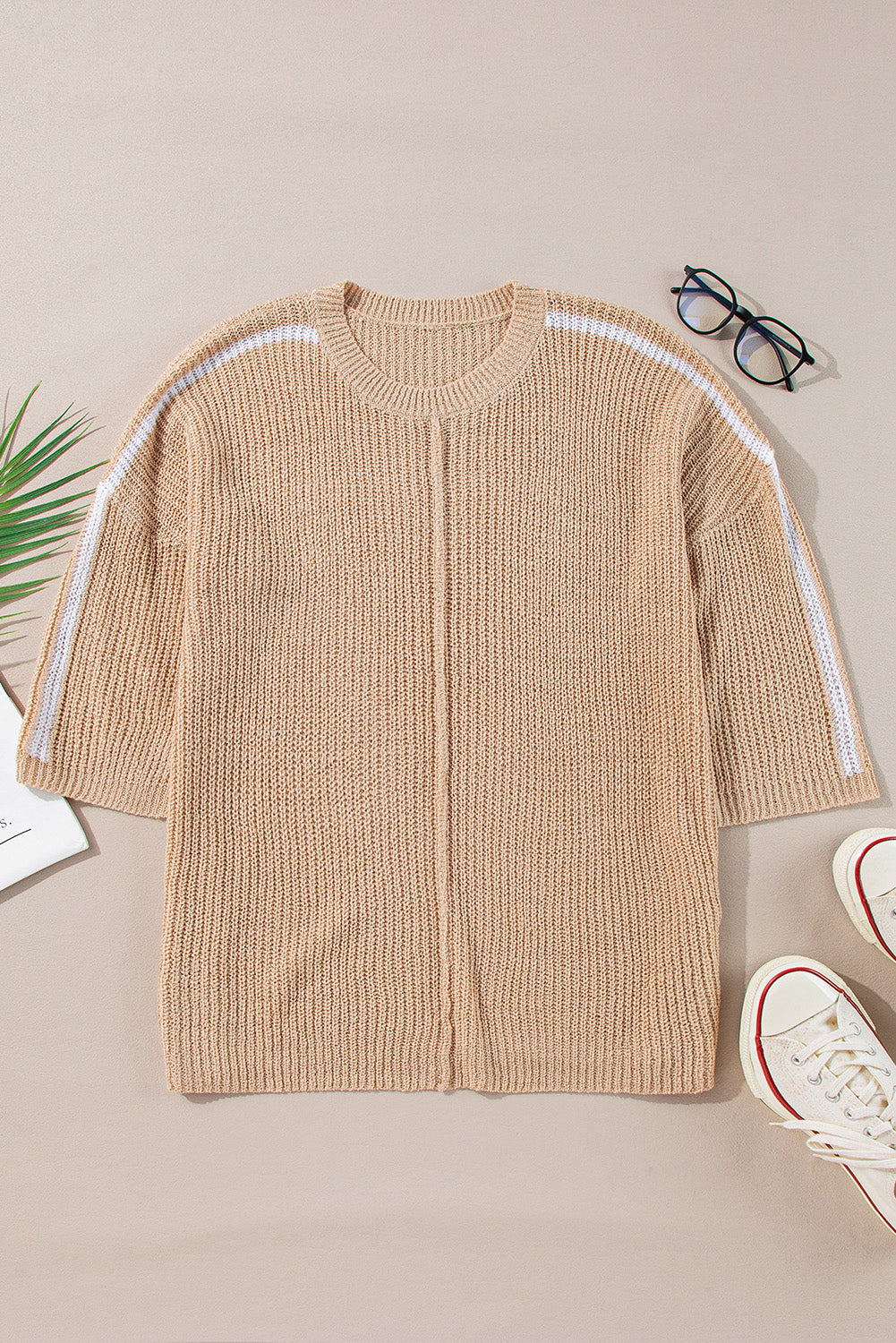 Contrast Striped 3/4 Sleeve Crew Neck Sweater | Light French Beige