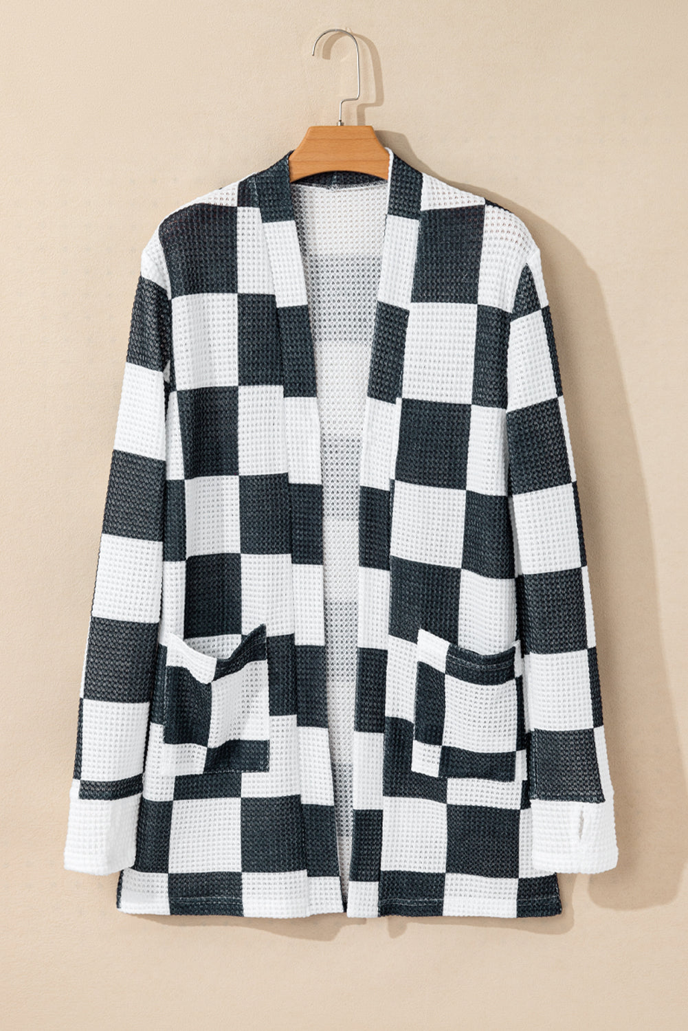 Checkered Waffle Knit Thumbhole Open Front Cardigan | Black