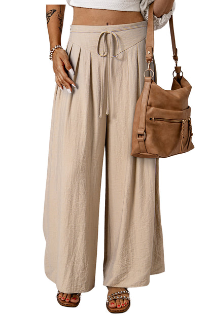 Drawstring Waist Pleated Wide Leg Casual Pants | Beige