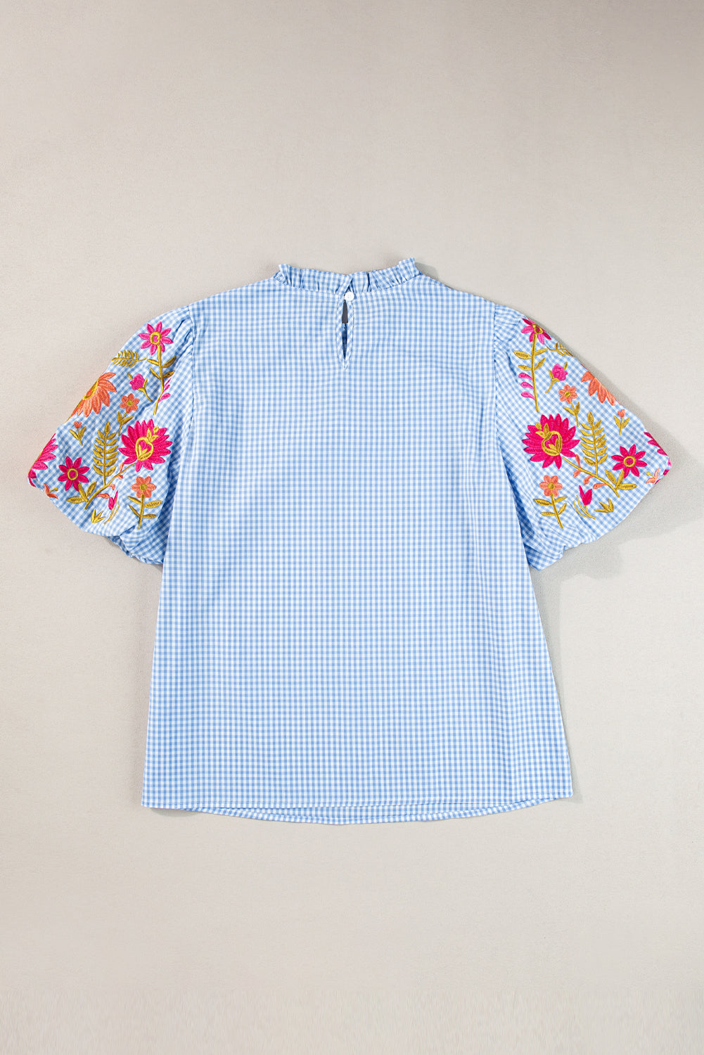 Gingham Floral Embroidered Puff Sleeve Blouse | Light Blue