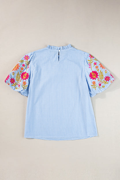 Gingham Floral Embroidered Puff Sleeve Blouse | Light Blue