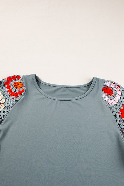 Floral Crochet Short Sleeve Top | Medium Grey