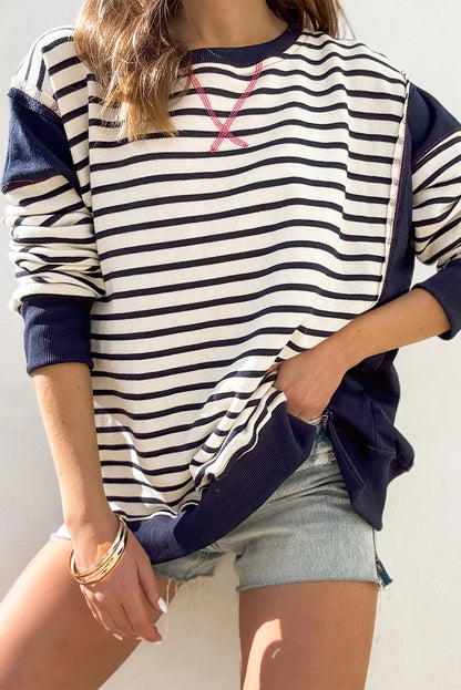 Colour Block Exposed Seam Loose Fit Sweatshirt | White Stripe