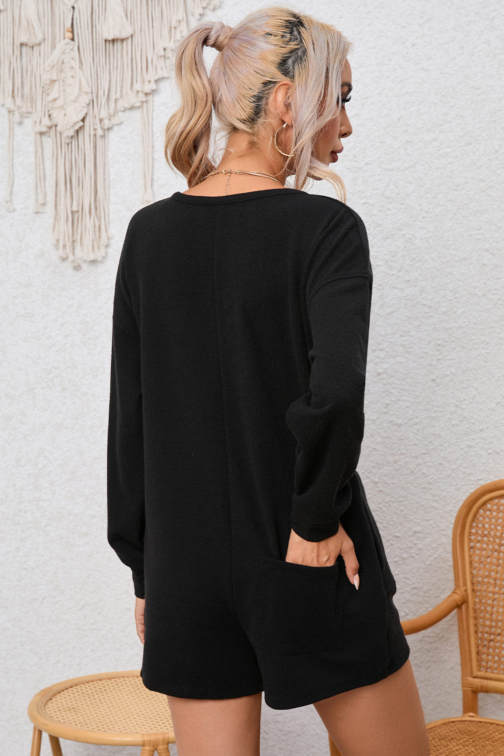 Brushed Ribbed Button Split V Neck Long Sleeve Romper | Black