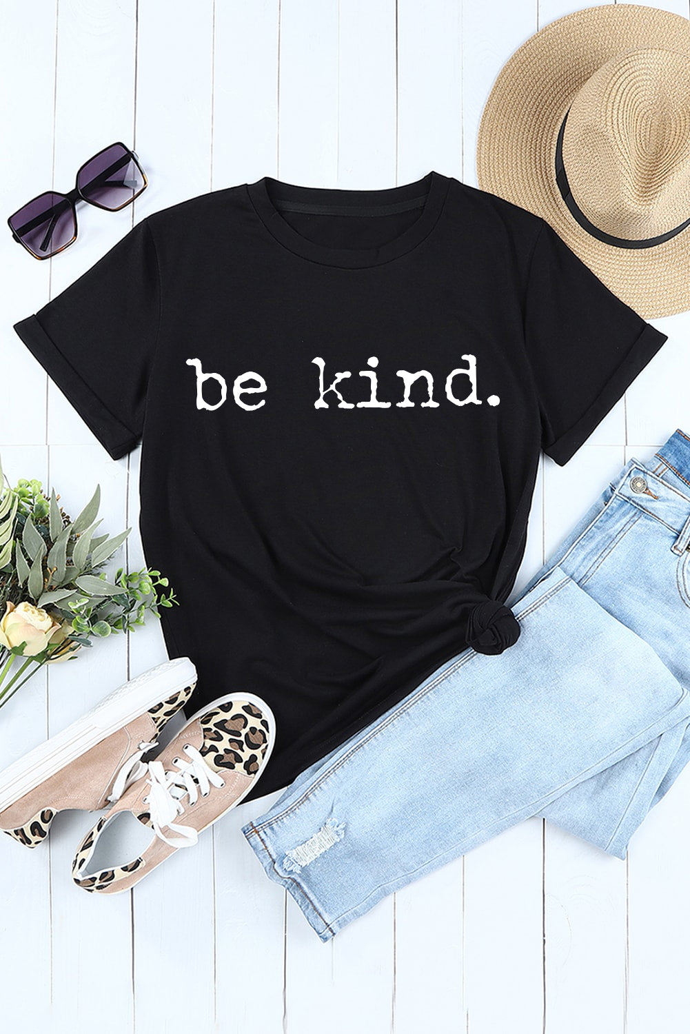 Be Kind Letter Print Round Neck Casual T Shirt | Black