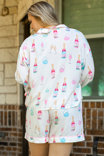 Plus Size Wine Glass Print Bow Knot Pajama Set | White