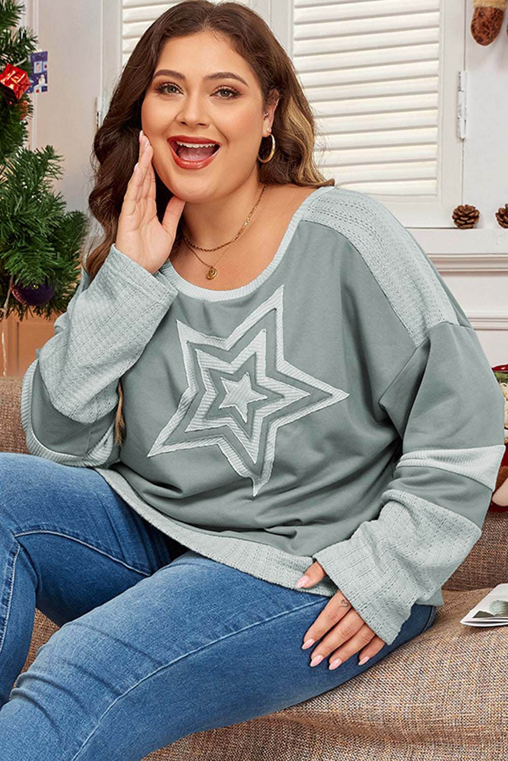 Stars Patchwork Round Neck Plus Size T Shirt | Mist Green