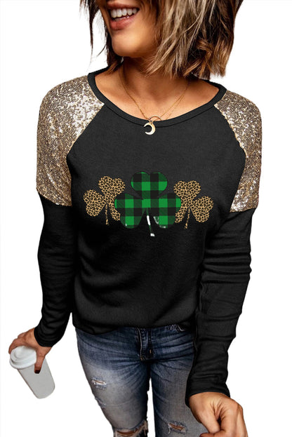 Plaid Leopard Clover Sequin Patched Long Sleeve Top | Black