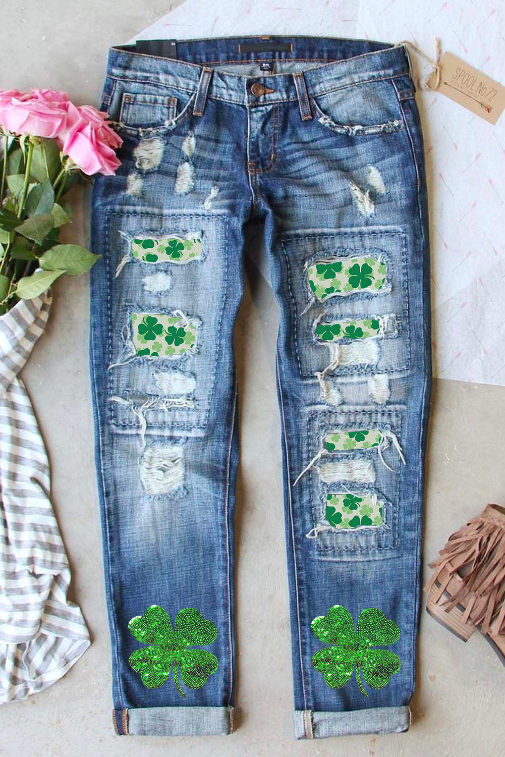 St. Patricks Clover Patchwork Sequin Distressed Jeans | Sky Blue