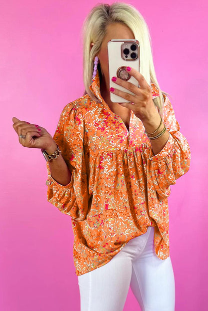 Abstract Print Collared V Neck Babydoll Blouse | Orange