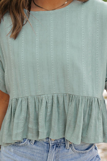 Textured Ruffled Hem Short Sleeve Blouse | Laurel Green