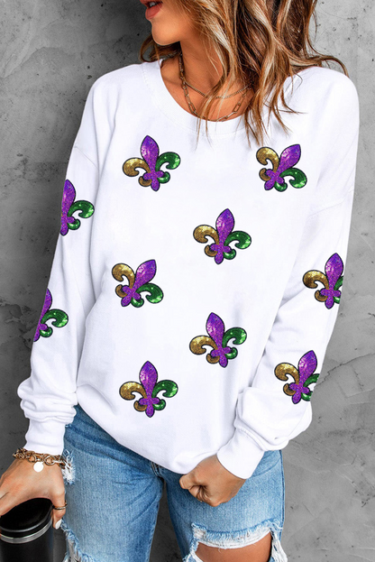 Fleur De Lis Sequin Patched Graphic Drop Shoulder Sweatshirt | White