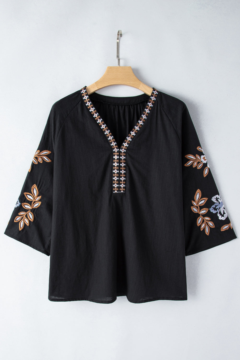 Bohemian Floral Embroidered V Neck Blouse | Black