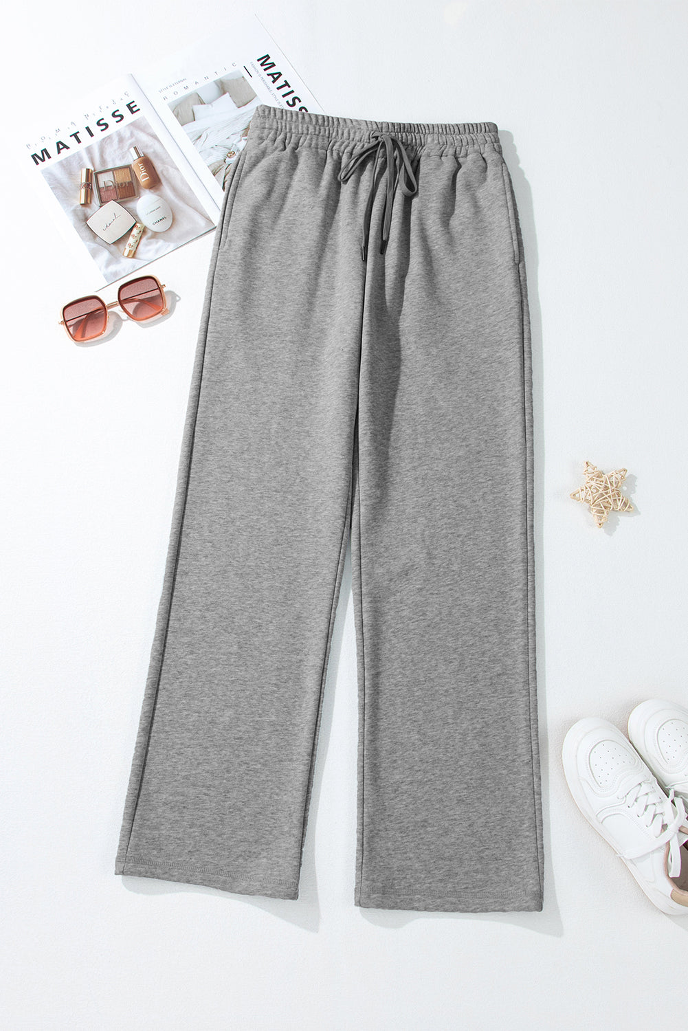 Solid Colour Fleece Lined Drawstring Waist Casual Pants | Light Grey