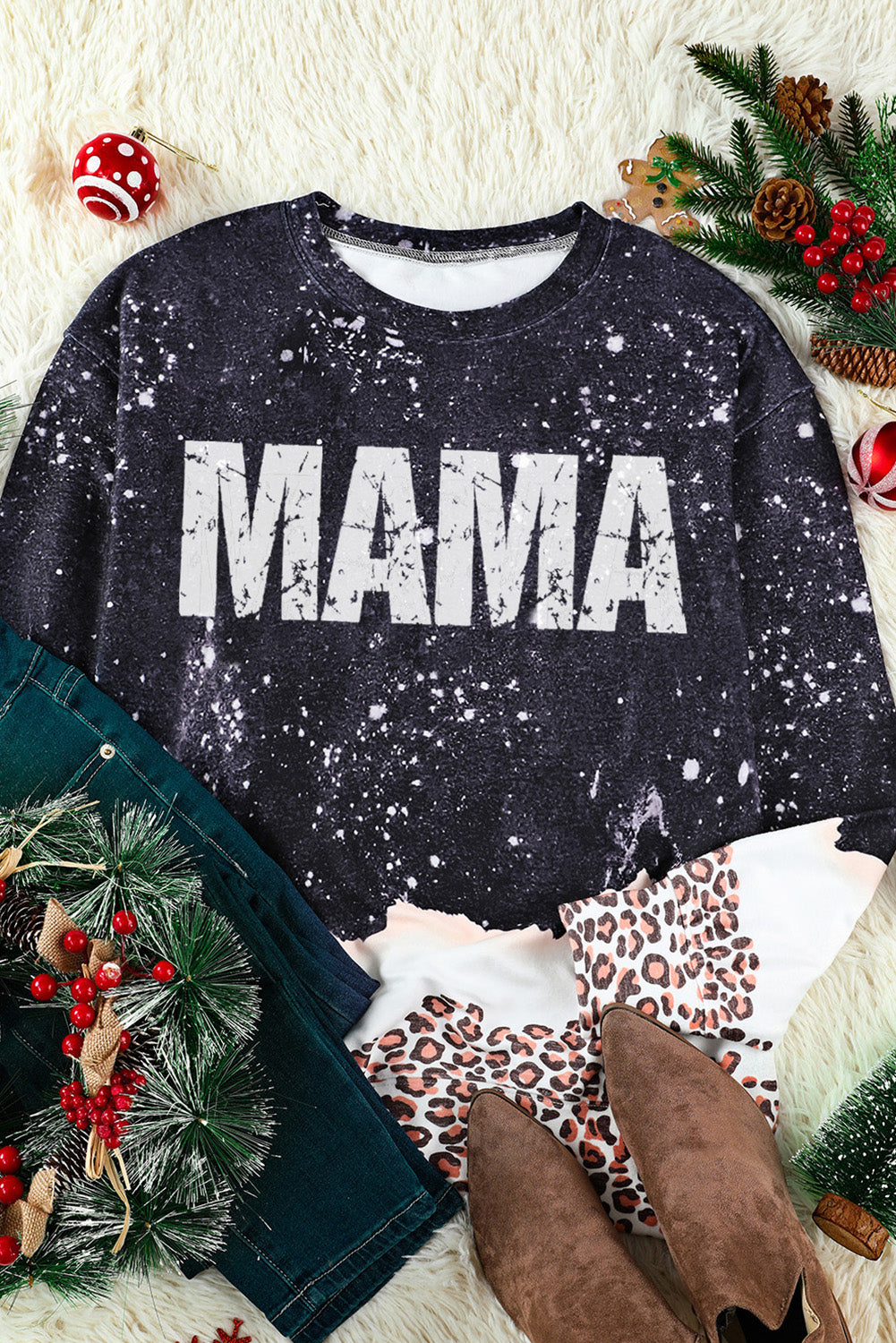 Black MAMA Bleached Leopard Trim Pullover Sweatshirt