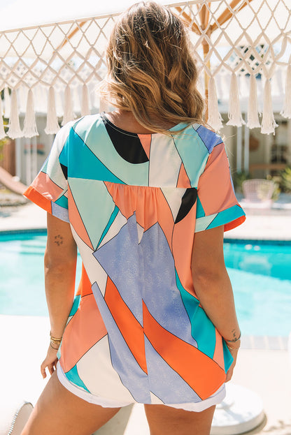 Irregular Colour Block Printed Short Sleeve Blouse | Multicolour