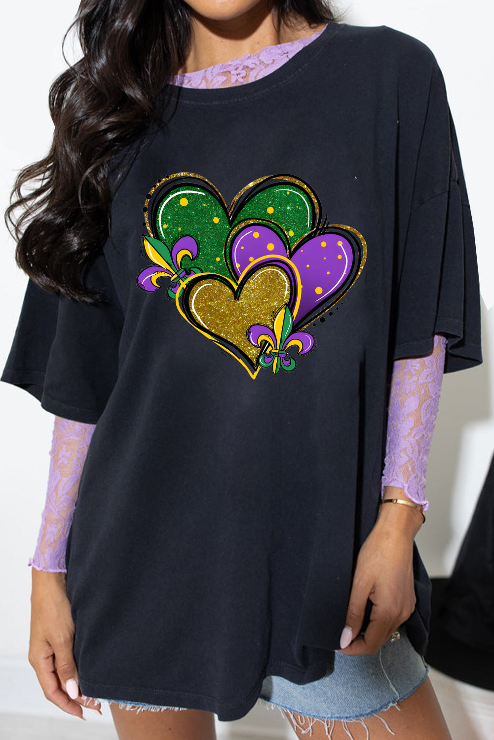 Fleur De Lis Heart Printed Mardi Gras T Shirt | Black