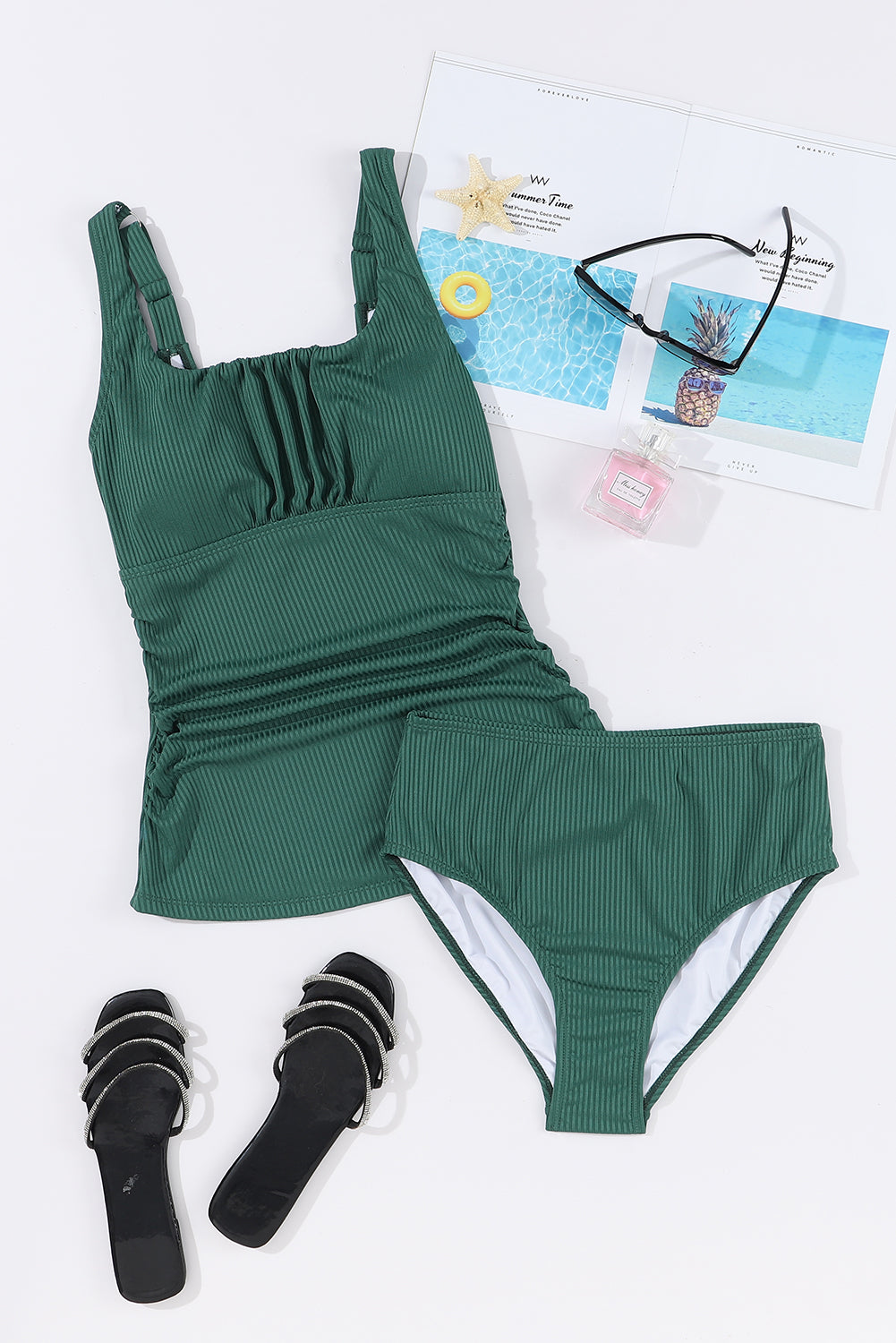 Ruched U Neck Ribbed Tankini | Blackish Green