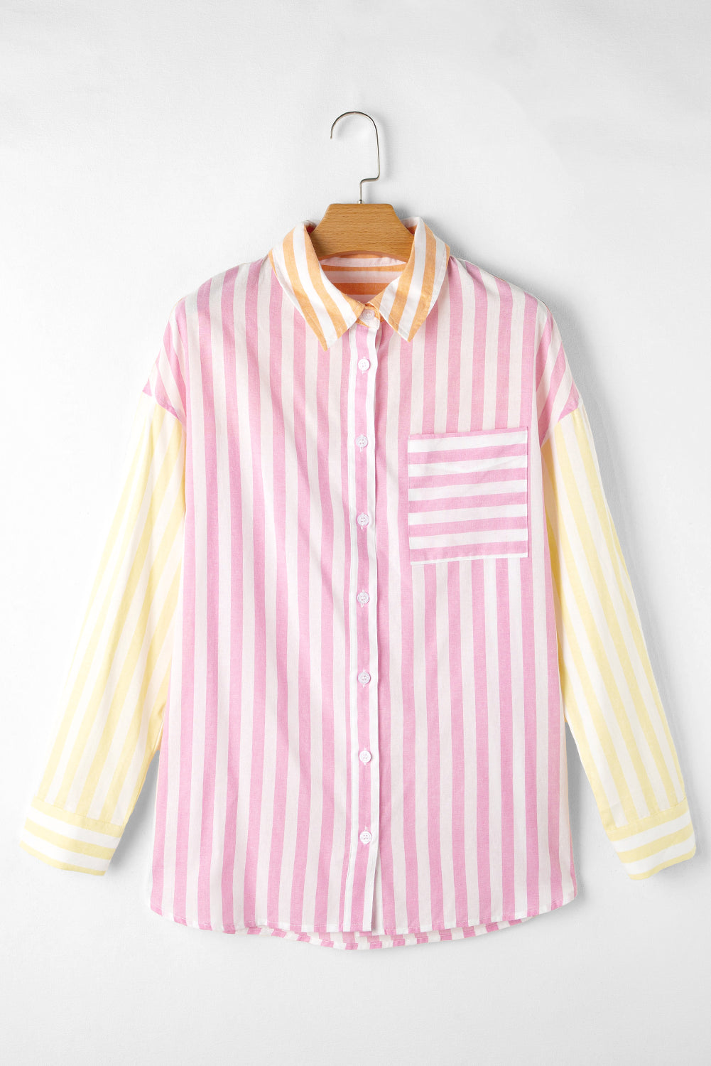 Contrast Collar Long Sleeve Patchwork Shirt | Pink Stripe