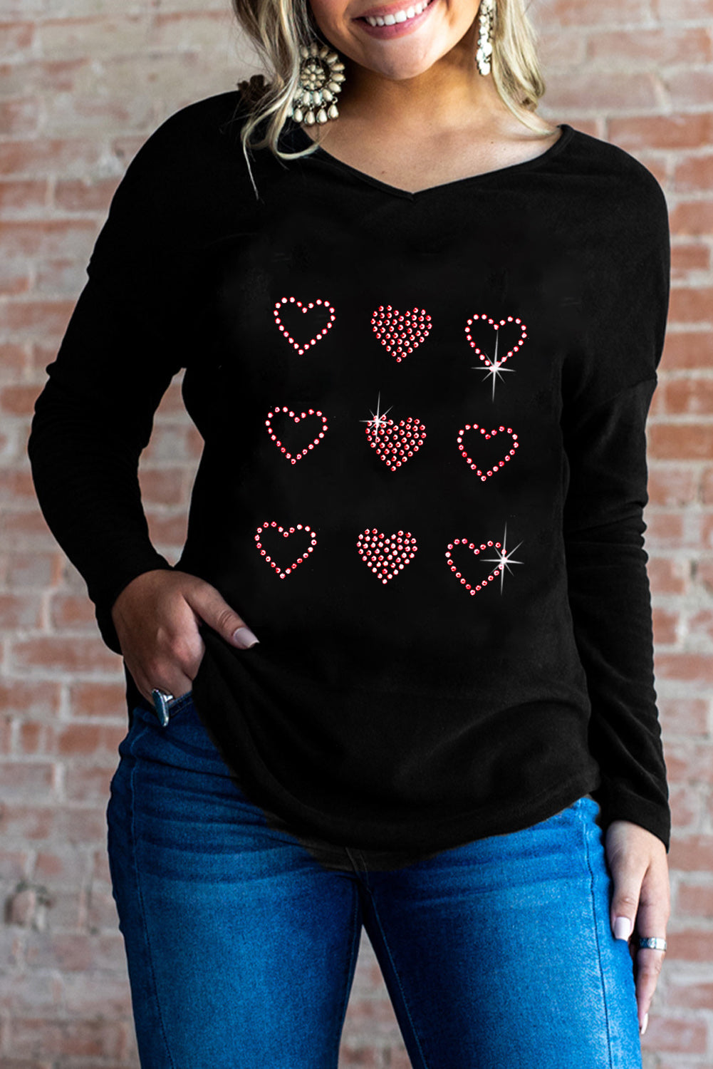 Valentines Day Rhinestone Heart Graphic Long Sleeve Tee | Black