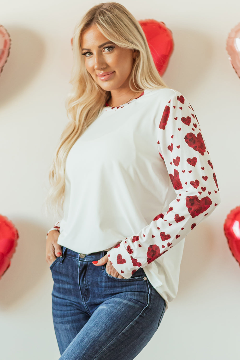 Heart Shape Print Round Neck Long Sleeve T Shirt | White