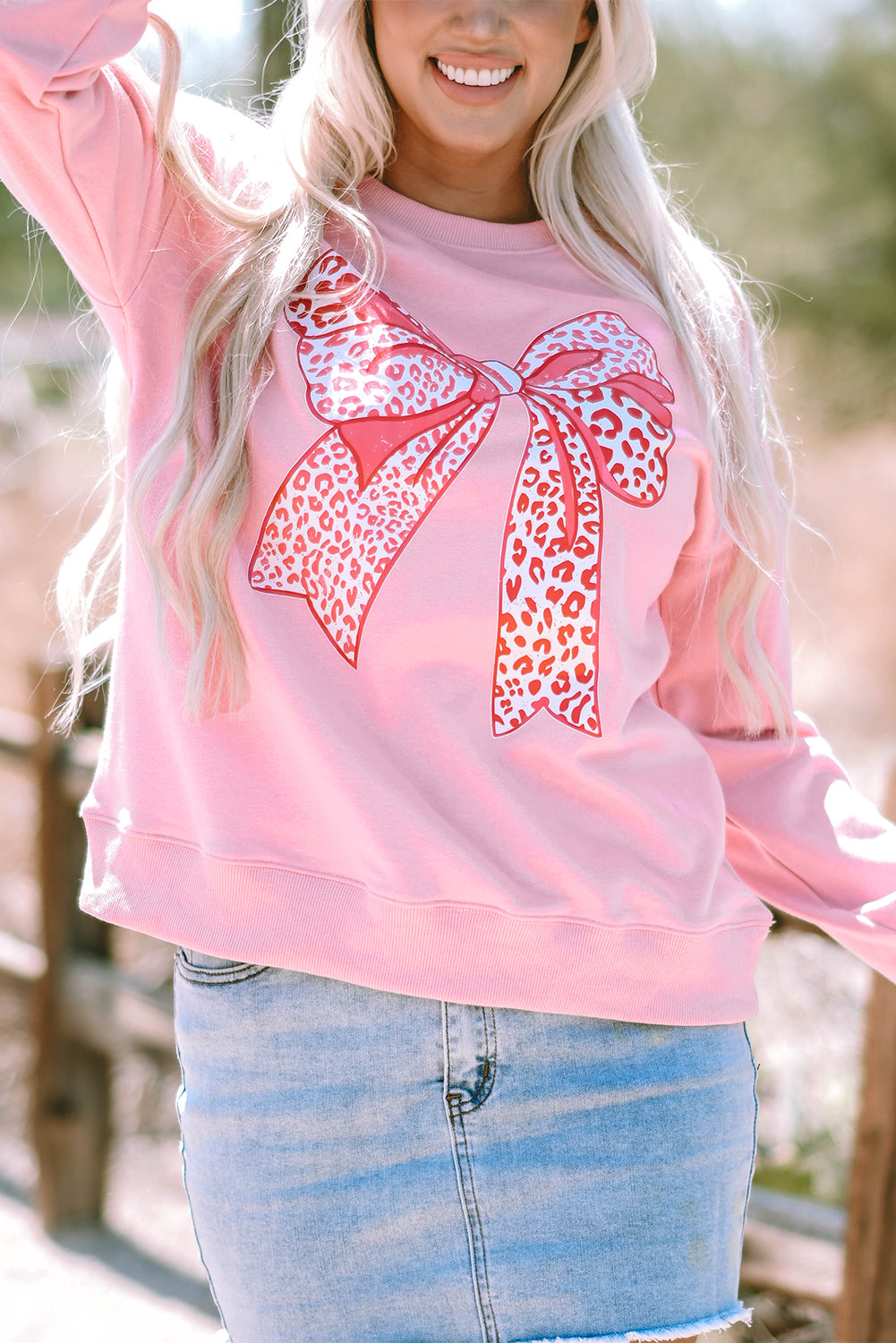 Leopard Bowknot Printed Crewneck Pullover Sweatshirt | Pink