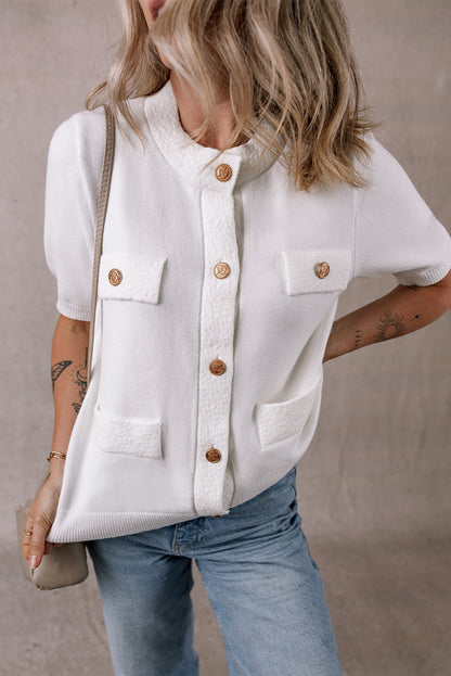 Gold Buttons Textured Sweater T Shirt | White