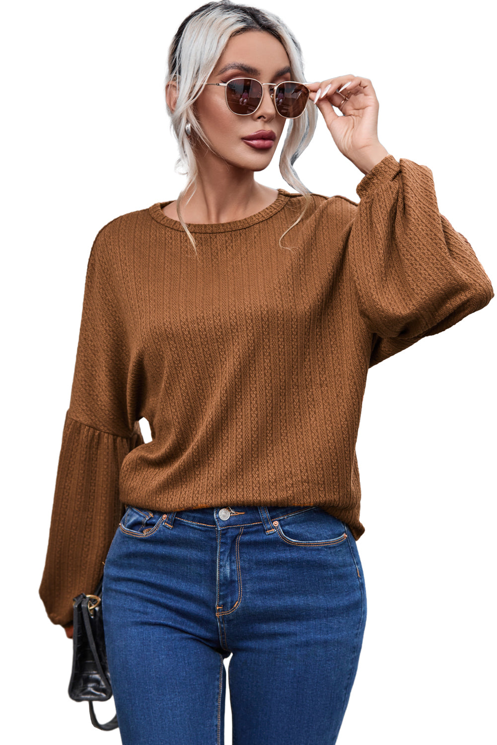 Faux Knit Jacquard Puffy Long Sleeve Top | Orange