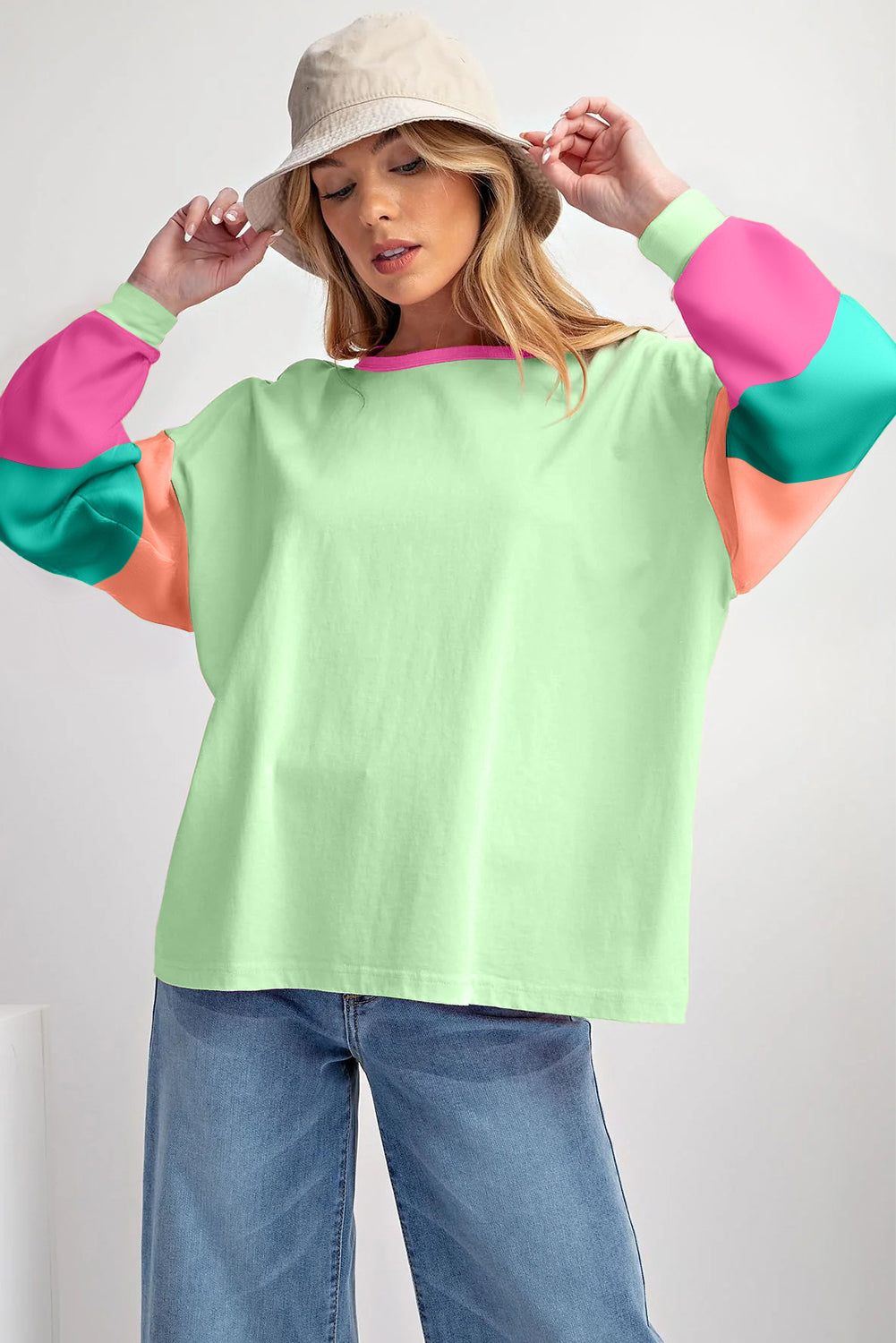 Colourblock Patchwork Long Sleeve Loose Top | Green