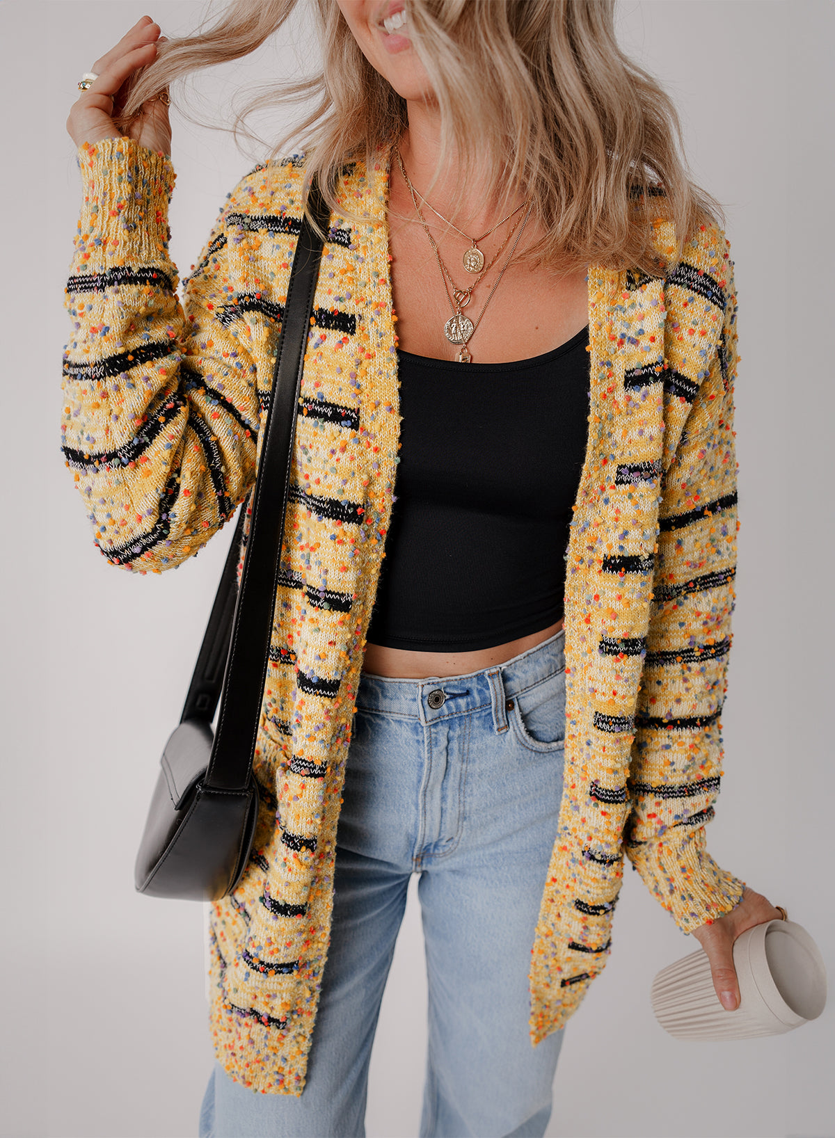 Striped Pom Pom Knit Open Front Long Cardigan | Beige